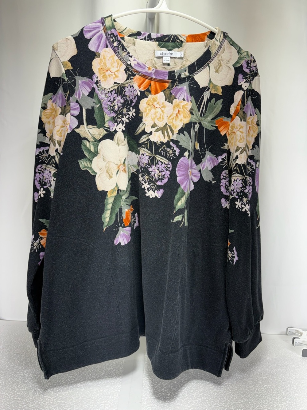 Chico's Black Floral Pullover Sweatshirt with Cream, Purple & Orange Blooms 4628